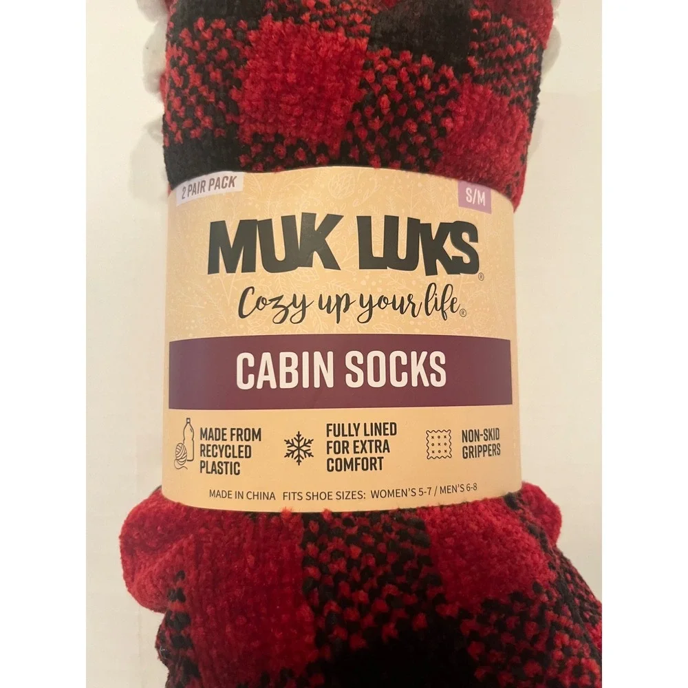 Muk Luks 2 Pair Cozy Cabin Socks Unisex Size S/M Recycled Material Non-Skid Grip